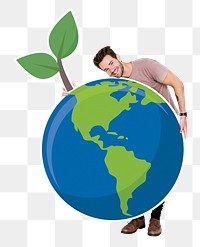 Png Cheerful man with environmental conservation symbols, transparent background