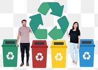 Png Couple with recycle symbol and trash bins, transparent background