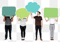 Png People holding colorful speech bubbles, transparent background