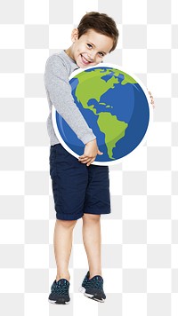 Png boy hugging Earth, transparent background