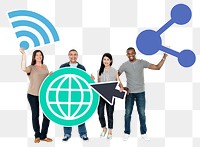 Png People holding internet connection icons, transparent background