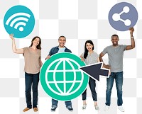 Png People holding internet connection icons, transparent background