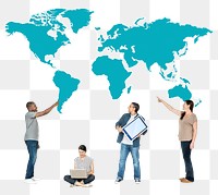 Png People using computers and world map, transparent background