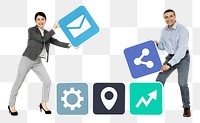 Png Business partners holding online icons, transparent background