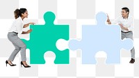 Png Colleagues connecting puzzle pieces, transparent background