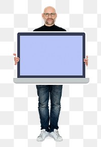 Png Man showing blank laptop screen, transparent background