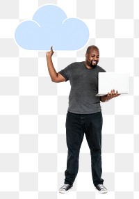 Png Happy man with laptop and a cloud, transparent background