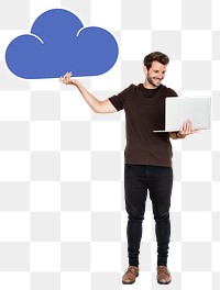 Png Happy man with laptop and a cloud, transparent background