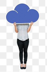 Png Woman holding blue cloud symbol, transparent background