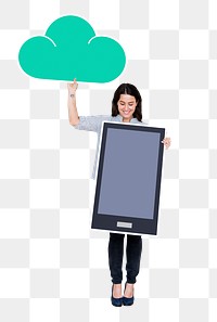 Png Cheerful woman holding tablet and a cloud, transparent background