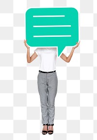 Png Woman holding speech bubble, transparent background