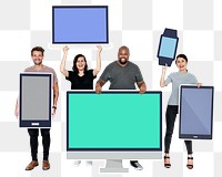 Png Diverse people with various digital device, transparent background