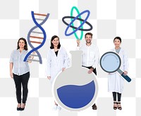 Png Diverse people holding genetic testing icons, transparent background