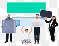 Png Happy diverse people holding web design, transparent background