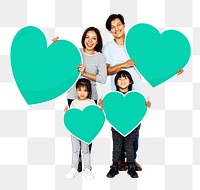 Png Happy family holding heart icons, transparent background