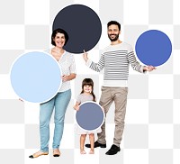 Png Happy family holding round empty boards, transparent background