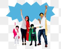 Png Happy family wearing superhero costumes, transparent background