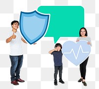 Png Happy family with cardiology protection icons, transparent background