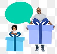 Png Happy father and son holding gift icons, transparent background