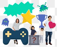 Png Happy family holding gaming icons, transparent background