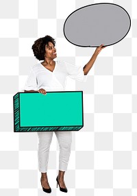 Png African American woman holding blank boards, transparent background