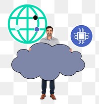 Png Cheerful man showing cloud network system, transparent background