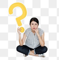 Png Woman holding question mark icon, transparent background