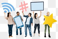 Png Diverse people holding technology icons, transparent background