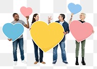 Png Happy people holding heart shaped symbols, transparent background