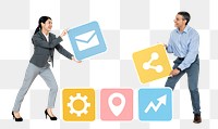 Png Business partners holding online icons, transparent background