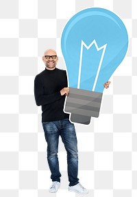 Png Happy man with light bulb icon, transparent background