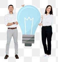 Png Happy diverse people holding light bulb icon, transparent background