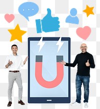 Png Businessmen with social medimarketing icons, transparent background
