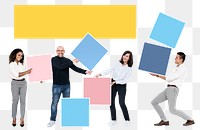 Png Happy diverse people holding empty square boards, transparent background