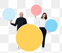 Png Cheerful people holding empty round boards, transparent background