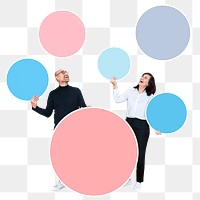 Png Cheerful people holding empty round boards, transparent background