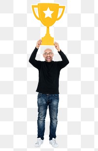 Png Happy winner holding trophy icon, transparent background