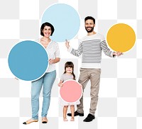 Png Happy family holding round empty boards, transparent background