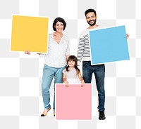 Png Happy family holding square shaped boards, transparent background