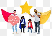 Png Superhero team with health protection insurance, transparent background