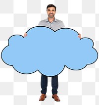 Png Businessman holding blank cloud, transparent background