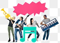 Png Happy people holding musical instrument icons, transparent background