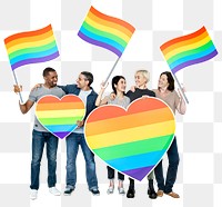 Png Diverse people holding colorful flags, transparent background