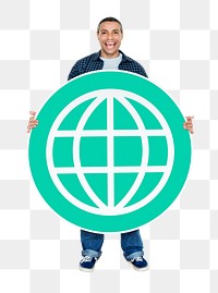 Png Happy man holding www symbol, transparent background