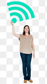 Png Happy woman holding wave signal icon, transparent background
