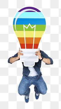 Png Man holding colorful light bulb icon, transparent background