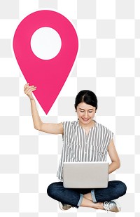 Png Woman holding location pin symbol, transparent background