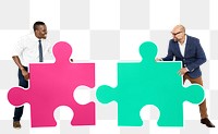 Png Two men connecting puzzle pieces, transparent background