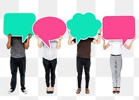 Png People holding colorful speech bubbles, transparent background