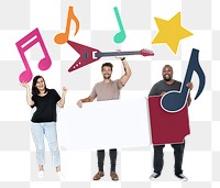 Png Happy diverse people holding music festival icons, transparent background